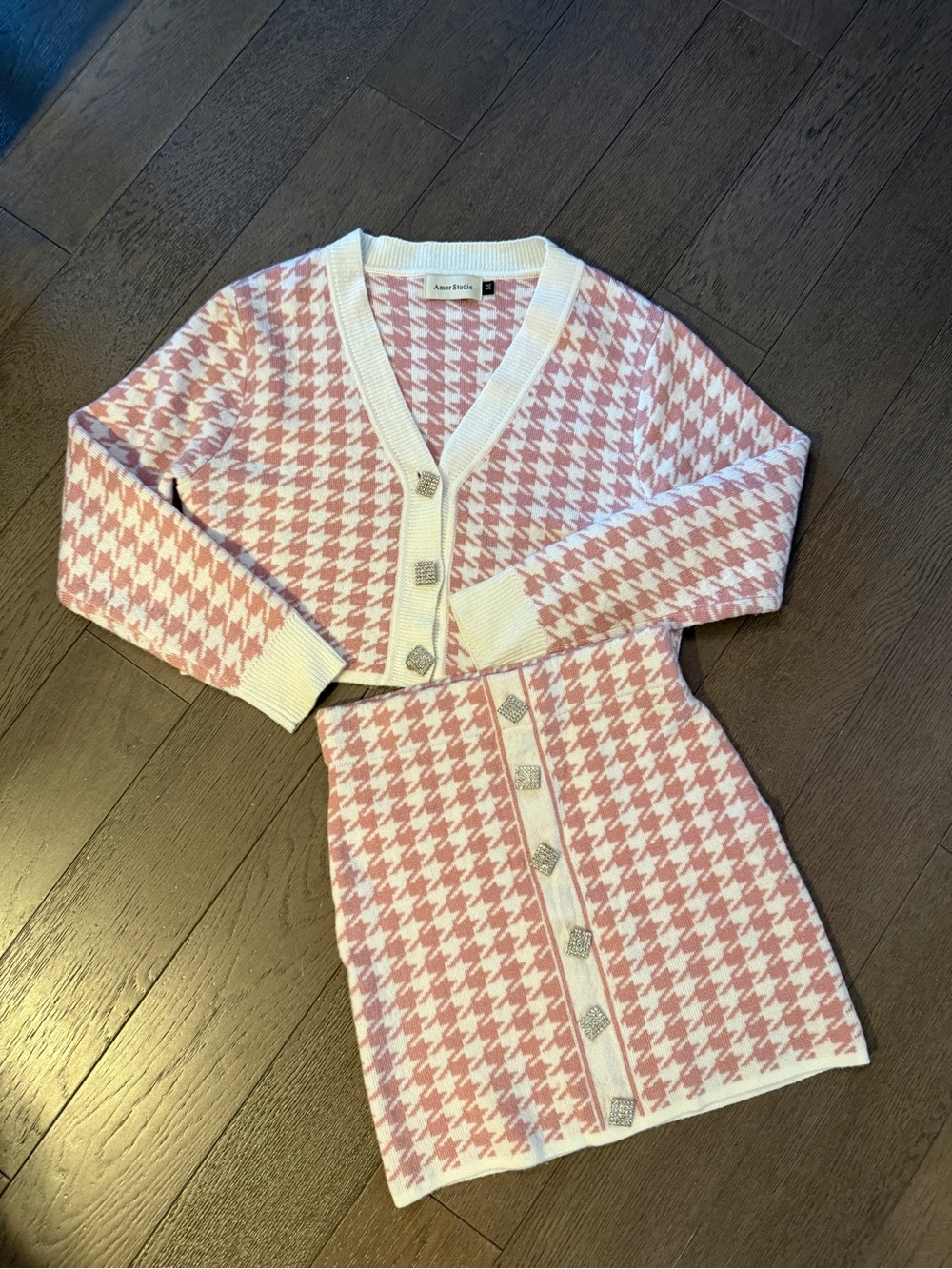 Pink & White Houndstooth Knit Two-Piece Set